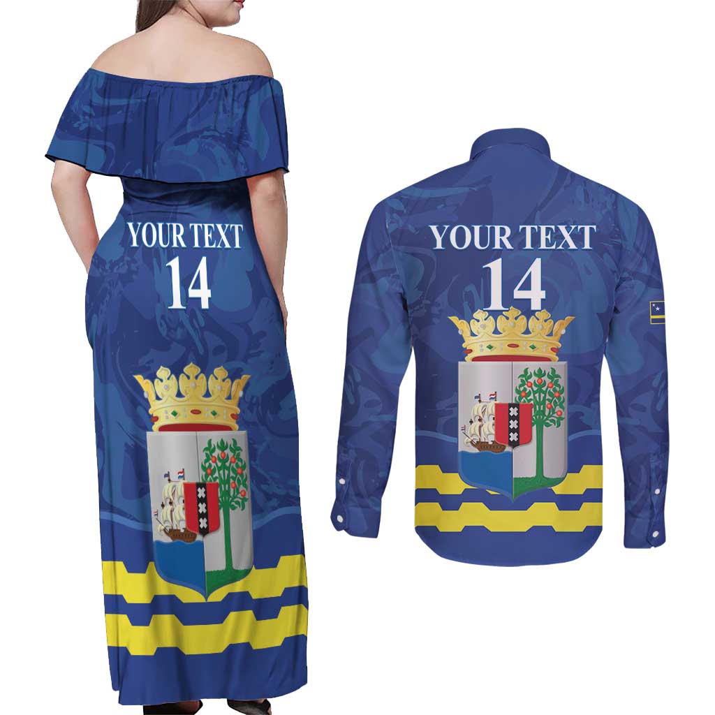 Custom Curacao Football Couples Matching Off Shoulder Maxi Dress and Long Sleeve Button Shirt La Familia Azul