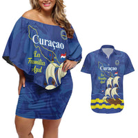 Custom Curacao Football Couples Matching Off Shoulder Short Dress and Hawaiian Shirt La Familia Azul