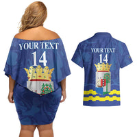 Custom Curacao Football Couples Matching Off Shoulder Short Dress and Hawaiian Shirt La Familia Azul