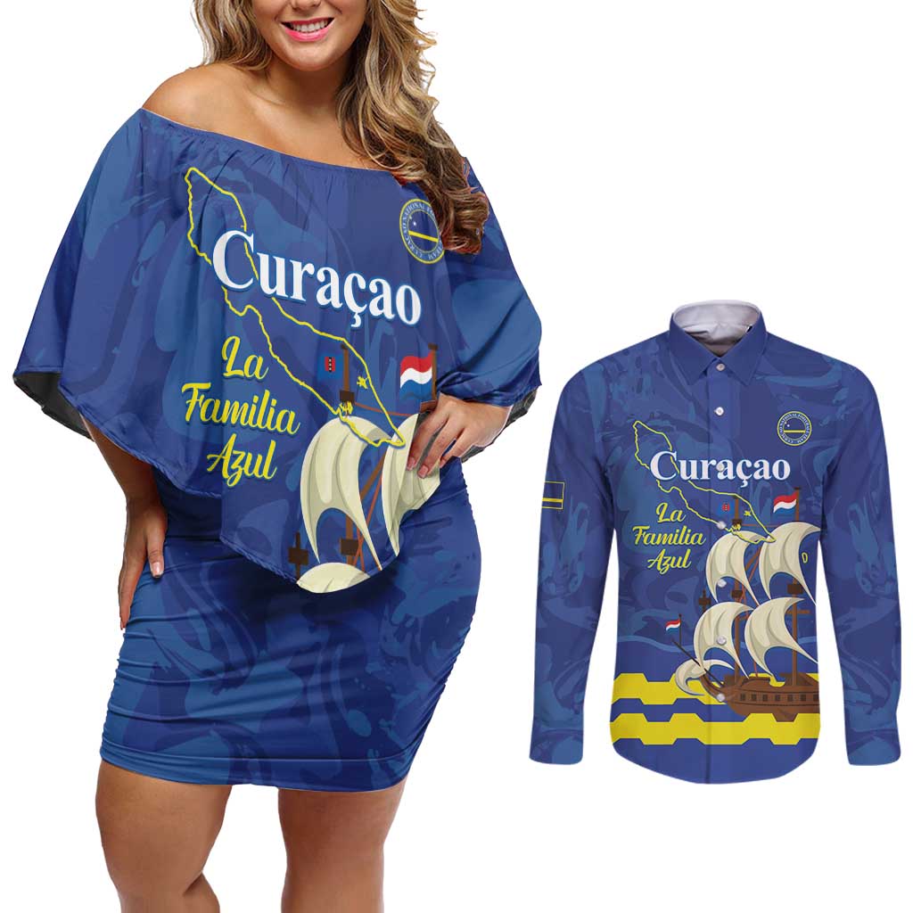 Custom Curacao Football Couples Matching Off Shoulder Short Dress and Long Sleeve Button Shirt La Familia Azul