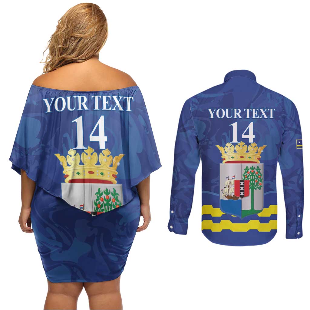 Custom Curacao Football Couples Matching Off Shoulder Short Dress and Long Sleeve Button Shirt La Familia Azul