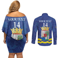 Custom Curacao Football Couples Matching Off Shoulder Short Dress and Long Sleeve Button Shirt La Familia Azul