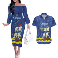 Custom Curacao Football Couples Matching Off The Shoulder Long Sleeve Dress and Hawaiian Shirt La Familia Azul