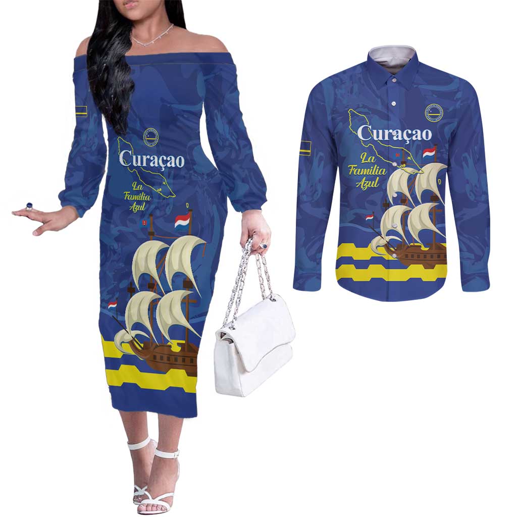 Custom Curacao Football Couples Matching Off The Shoulder Long Sleeve Dress and Long Sleeve Button Shirt La Familia Azul