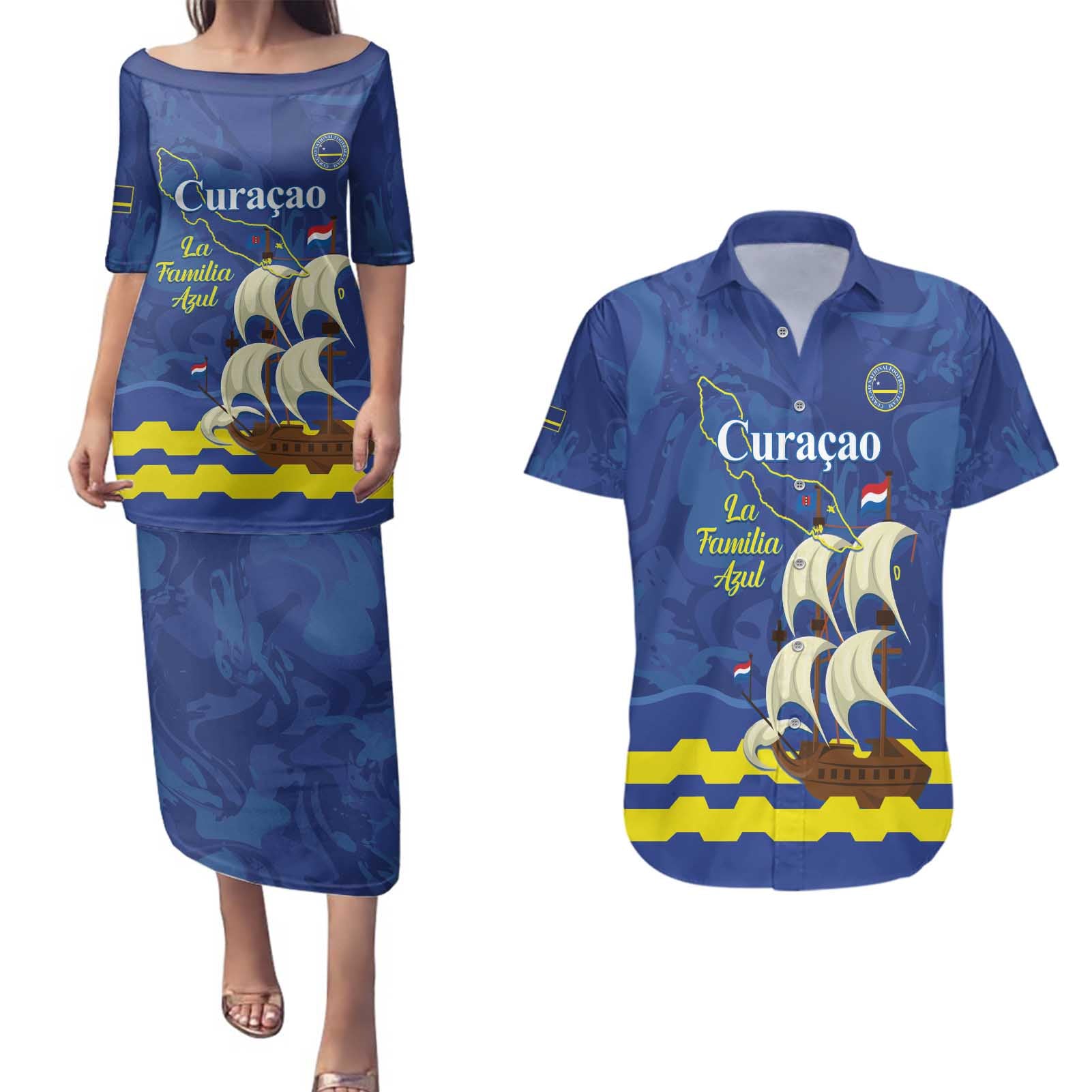 Custom Curacao Football Couples Matching Puletasi and Hawaiian Shirt La Familia Azul