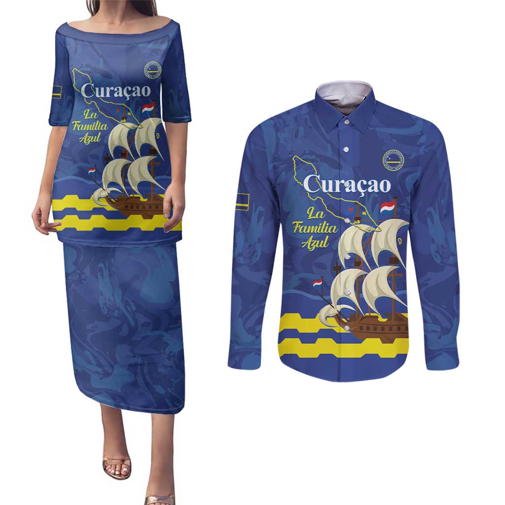 Custom Curacao Football Couples Matching Puletasi and Long Sleeve Button Shirt La Familia Azul