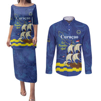 Custom Curacao Football Couples Matching Puletasi and Long Sleeve Button Shirt La Familia Azul