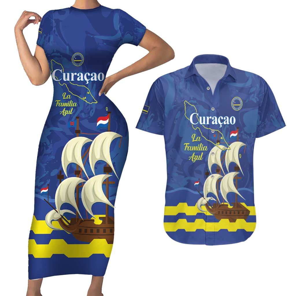 Custom Curacao Football Couples Matching Short Sleeve Bodycon Dress and Hawaiian Shirt La Familia Azul