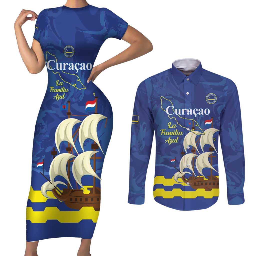 Custom Curacao Football Couples Matching Short Sleeve Bodycon Dress and Long Sleeve Button Shirt La Familia Azul