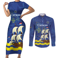 Custom Curacao Football Couples Matching Short Sleeve Bodycon Dress and Long Sleeve Button Shirt La Familia Azul