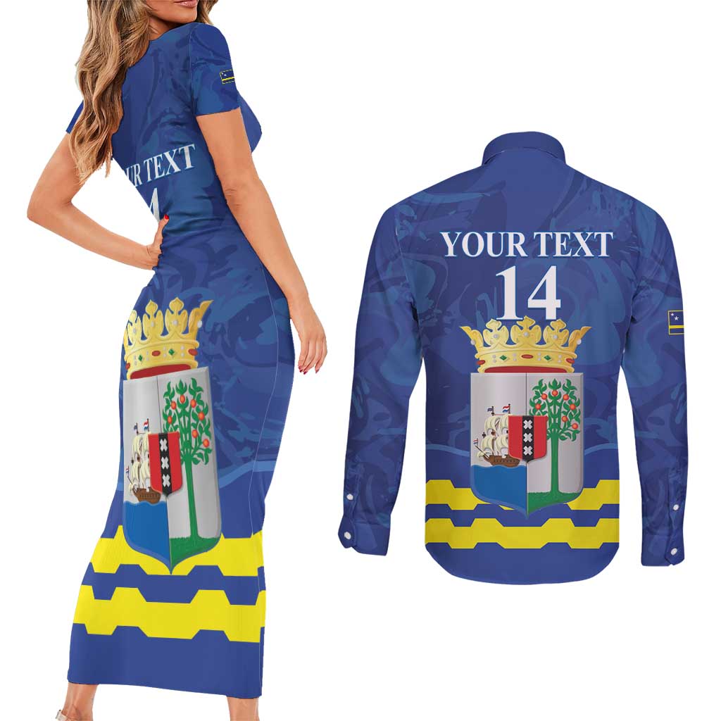 Custom Curacao Football Couples Matching Short Sleeve Bodycon Dress and Long Sleeve Button Shirt La Familia Azul