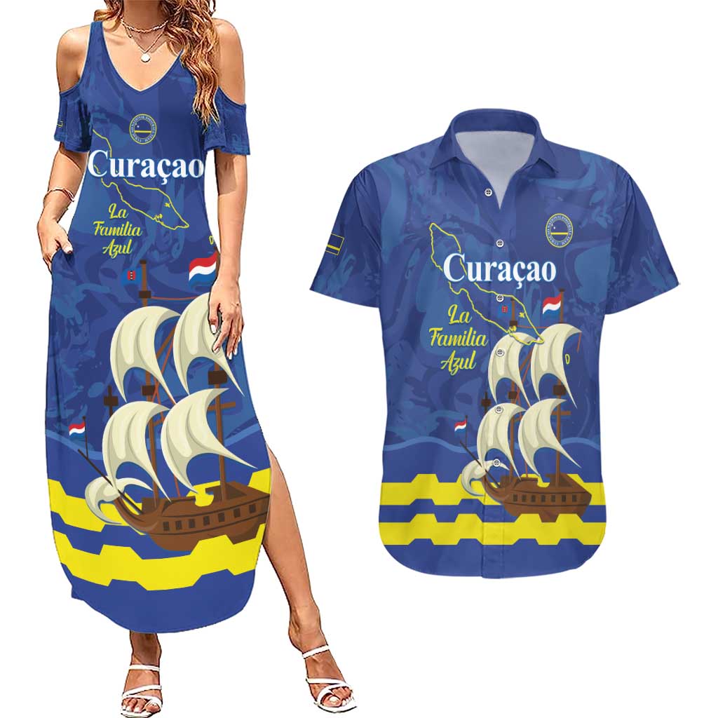 Custom Curacao Football Couples Matching Summer Maxi Dress and Hawaiian Shirt La Familia Azul