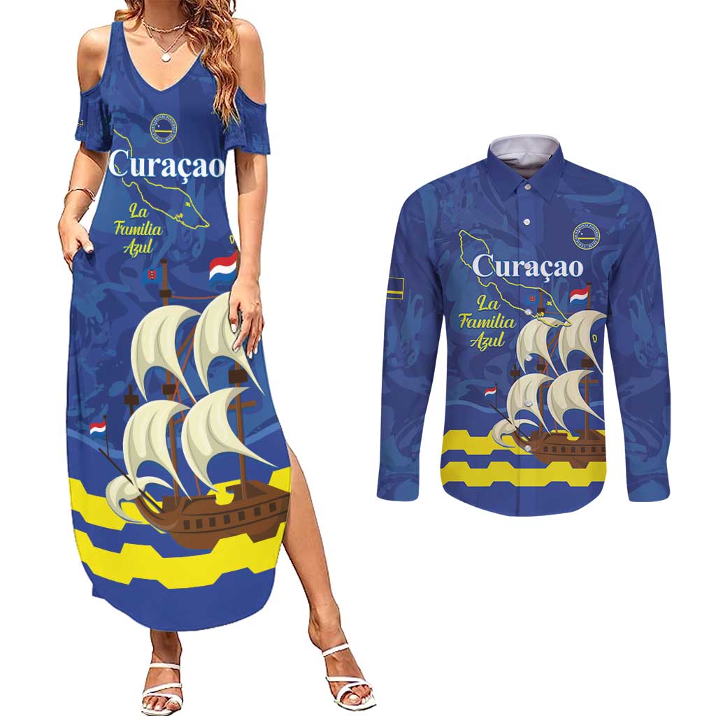 Custom Curacao Football Couples Matching Summer Maxi Dress and Long Sleeve Button Shirt La Familia Azul