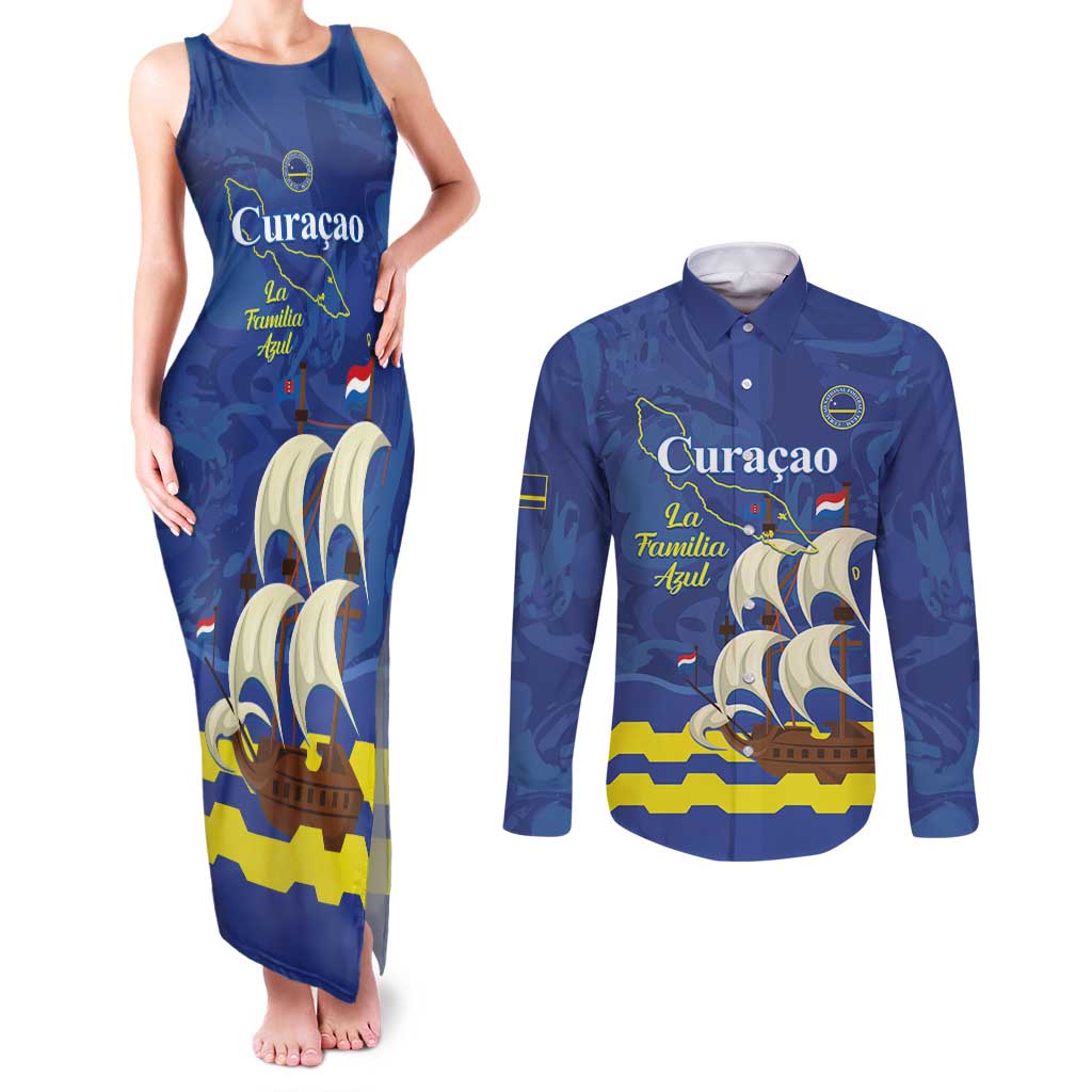 Custom Curacao Football Couples Matching Tank Maxi Dress and Long Sleeve Button Shirt La Familia Azul