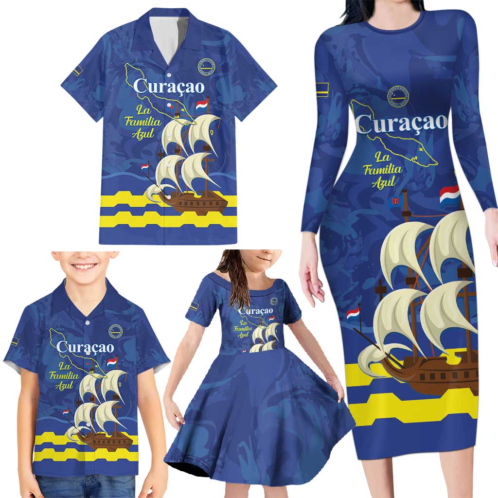 Custom Curacao Football Family Matching Long Sleeve Bodycon Dress and Hawaiian Shirt La Familia Azul