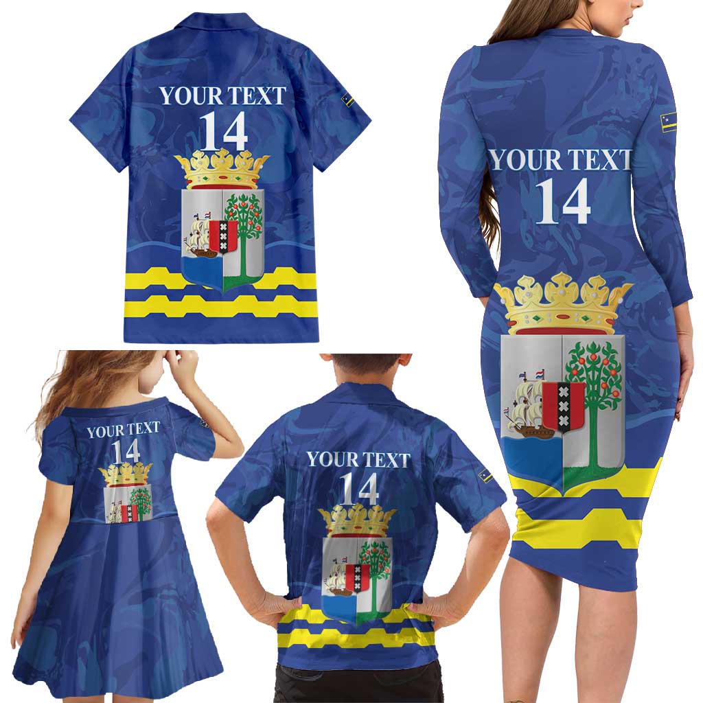 Custom Curacao Football Family Matching Long Sleeve Bodycon Dress and Hawaiian Shirt La Familia Azul