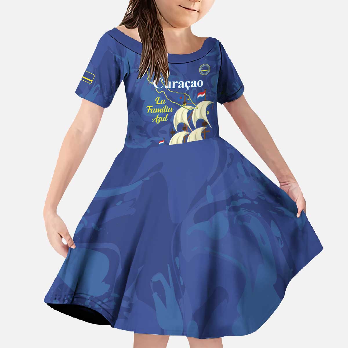 Custom Curacao Football Family Matching Off The Shoulder Long Sleeve Dress and Hawaiian Shirt La Familia Azul