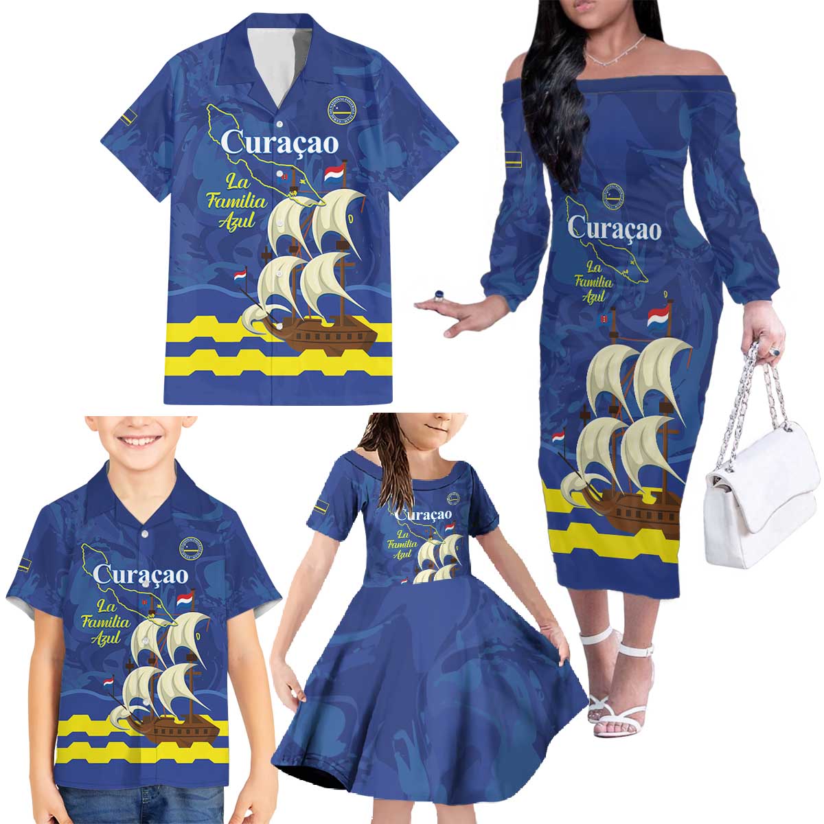 Custom Curacao Football Family Matching Off The Shoulder Long Sleeve Dress and Hawaiian Shirt La Familia Azul
