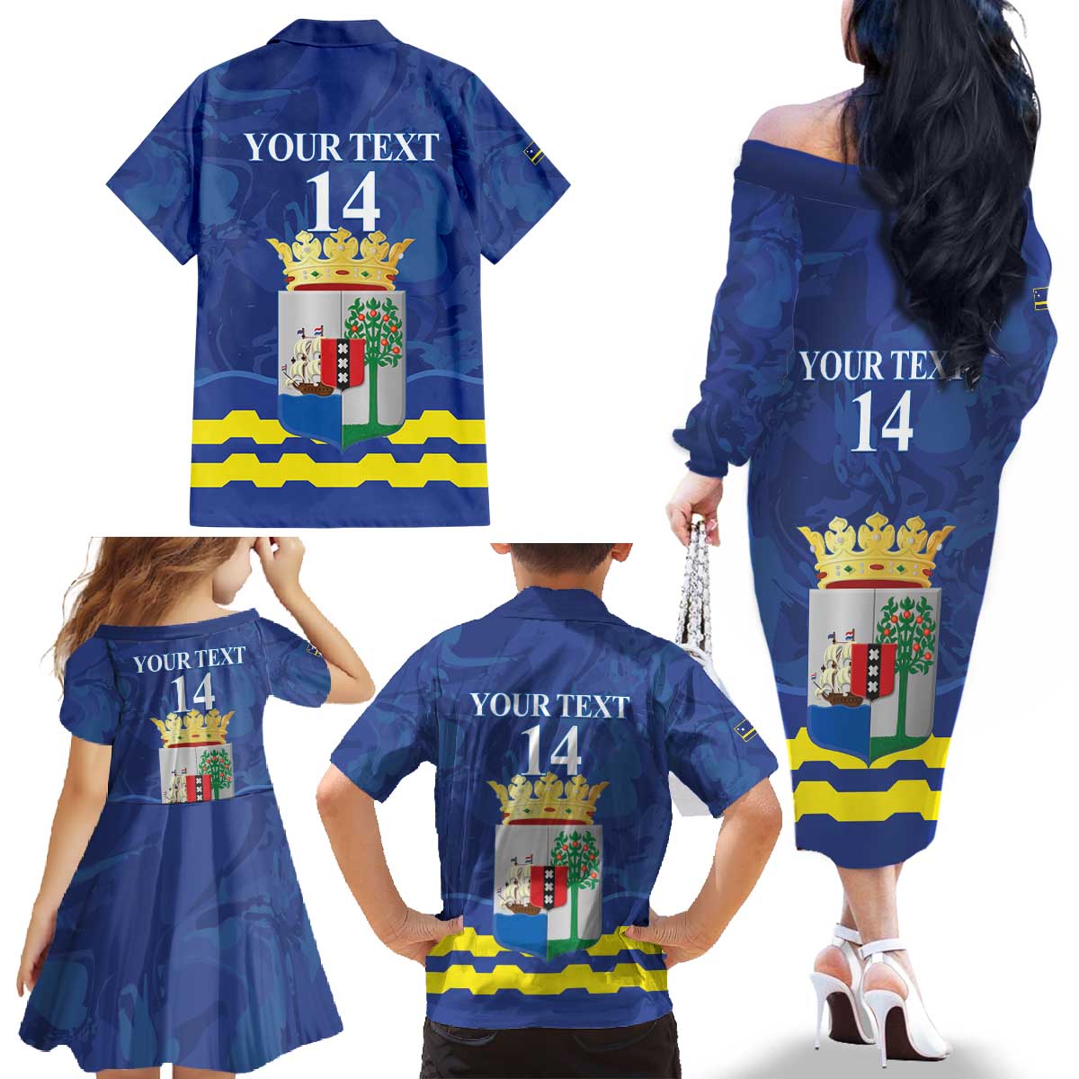 Custom Curacao Football Family Matching Off The Shoulder Long Sleeve Dress and Hawaiian Shirt La Familia Azul