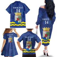 Custom Curacao Football Family Matching Off The Shoulder Long Sleeve Dress and Hawaiian Shirt La Familia Azul