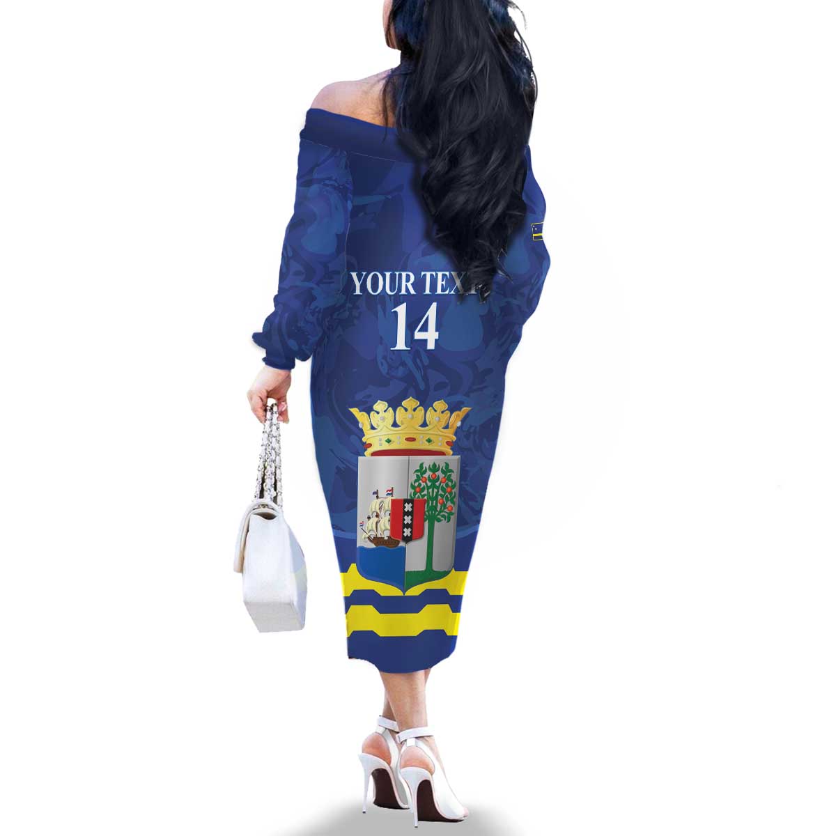 Custom Curacao Football Family Matching Off The Shoulder Long Sleeve Dress and Hawaiian Shirt La Familia Azul
