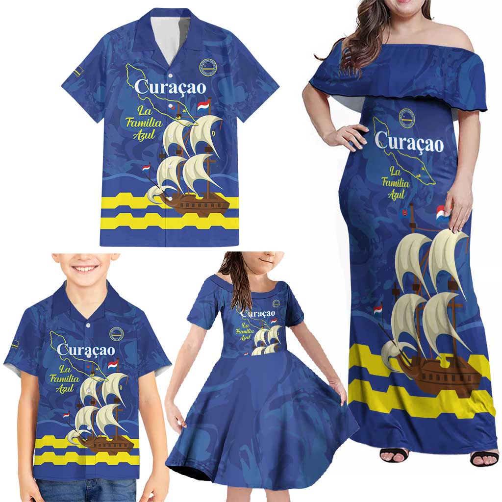 Custom Curacao Football Family Matching Off Shoulder Maxi Dress and Hawaiian Shirt La Familia Azul
