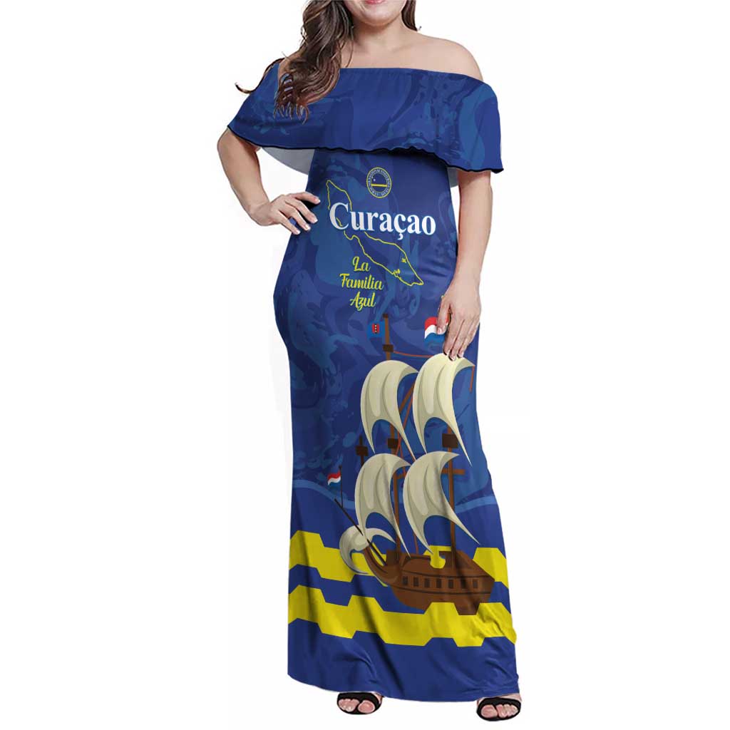 Custom Curacao Football Family Matching Off Shoulder Maxi Dress and Hawaiian Shirt La Familia Azul
