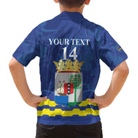 Custom Curacao Football Family Matching Off Shoulder Short Dress and Hawaiian Shirt La Familia Azul