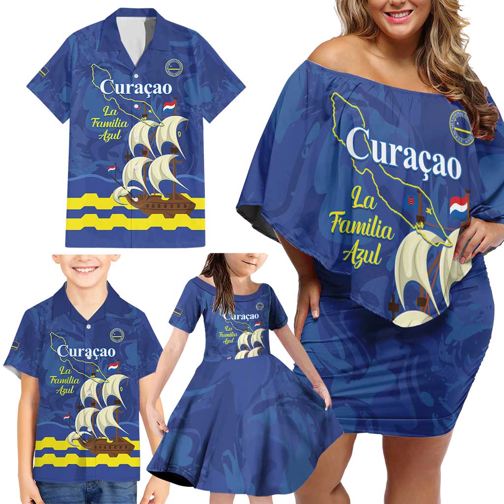 Custom Curacao Football Family Matching Off Shoulder Short Dress and Hawaiian Shirt La Familia Azul