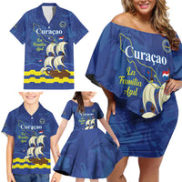 Custom Curacao Football Family Matching Off Shoulder Short Dress and Hawaiian Shirt La Familia Azul