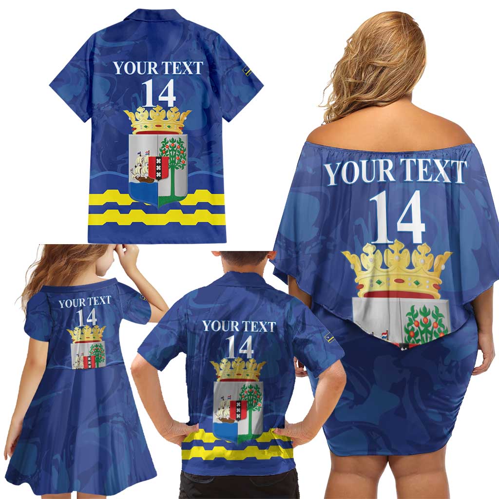 Custom Curacao Football Family Matching Off Shoulder Short Dress and Hawaiian Shirt La Familia Azul