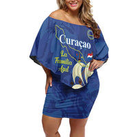 Custom Curacao Football Family Matching Off Shoulder Short Dress and Hawaiian Shirt La Familia Azul
