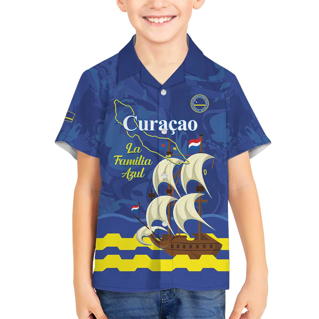 Custom Curacao Football Family Matching Off Shoulder Short Dress and Hawaiian Shirt La Familia Azul