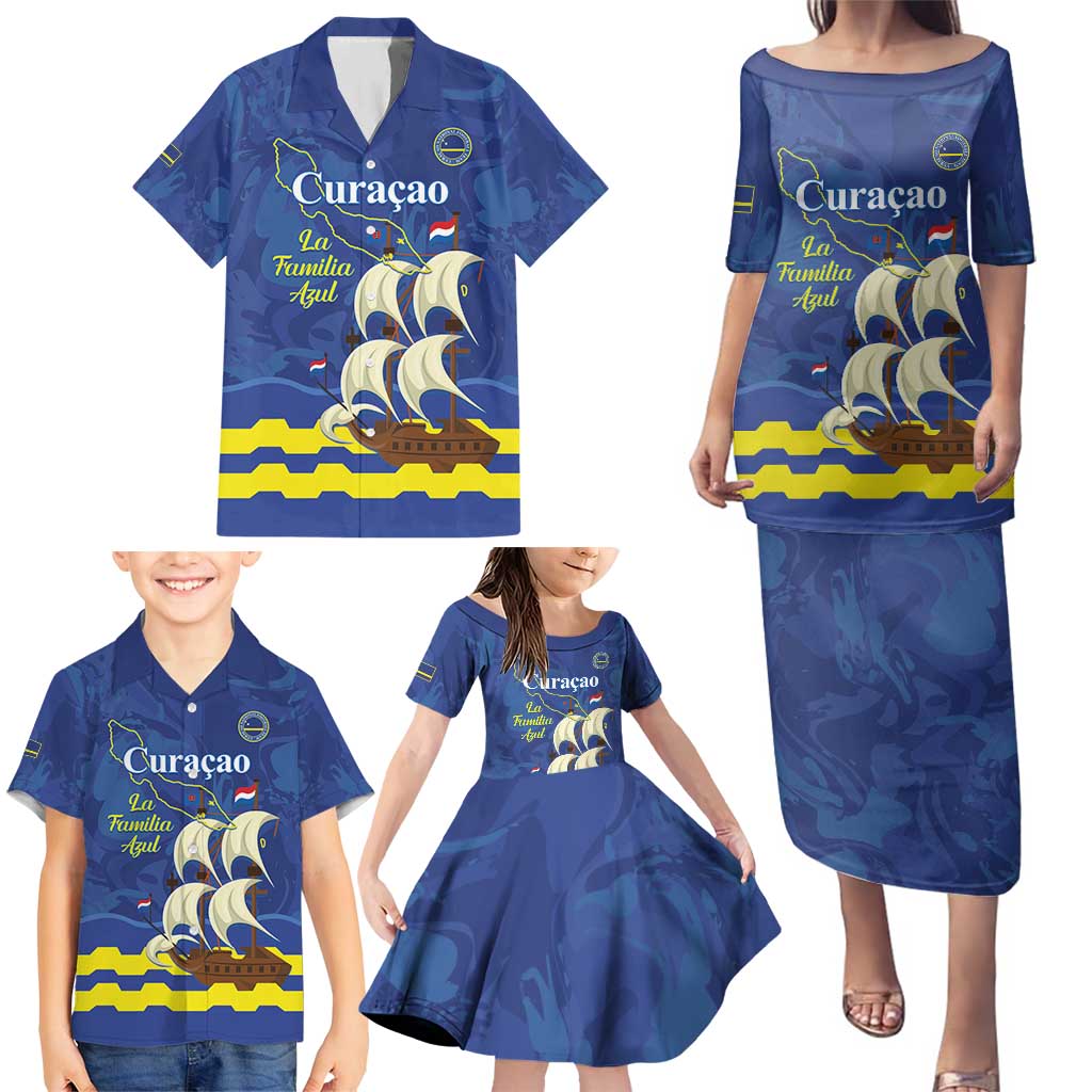 Custom Curacao Football Family Matching Puletasi and Hawaiian Shirt La Familia Azul