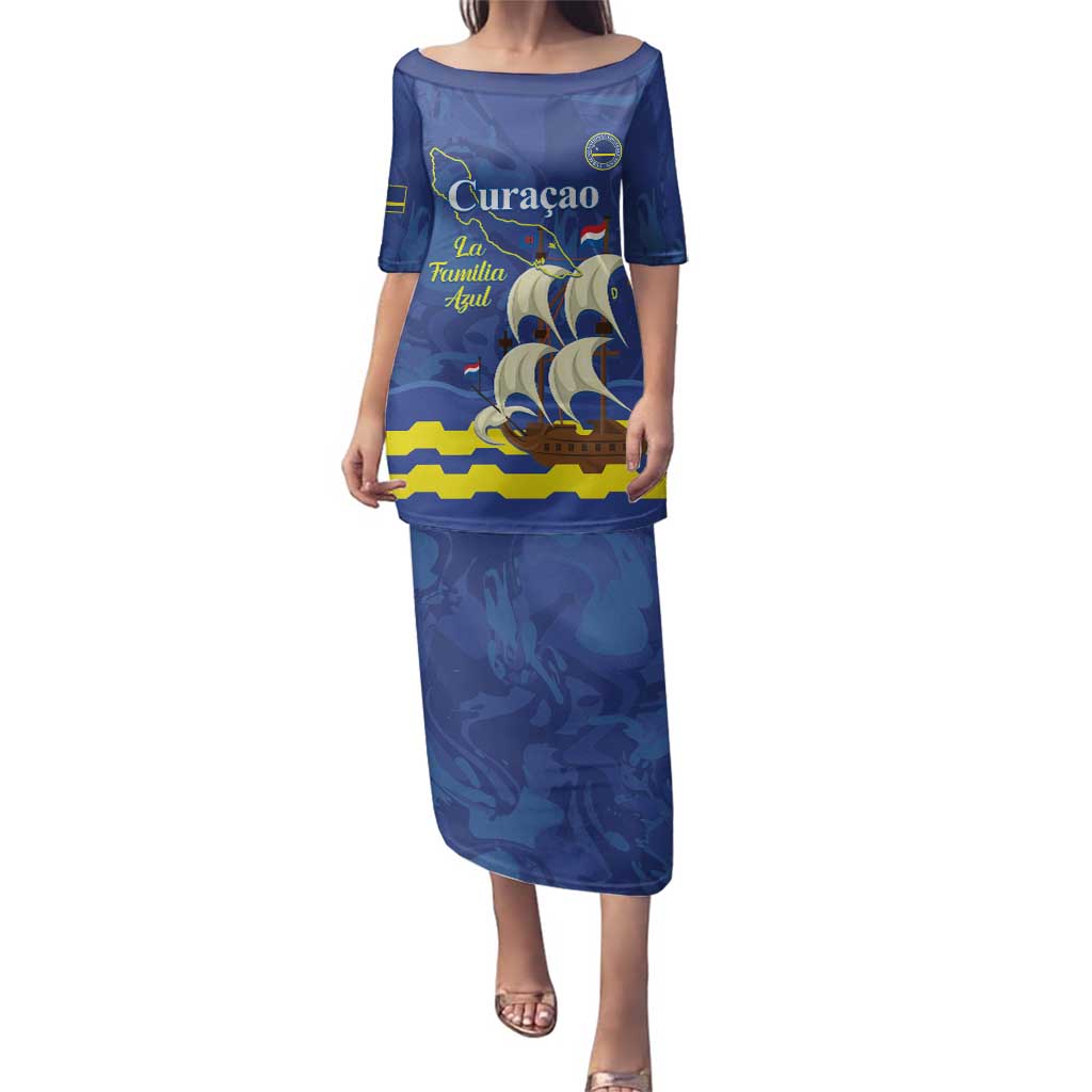 Custom Curacao Football Family Matching Puletasi and Hawaiian Shirt La Familia Azul