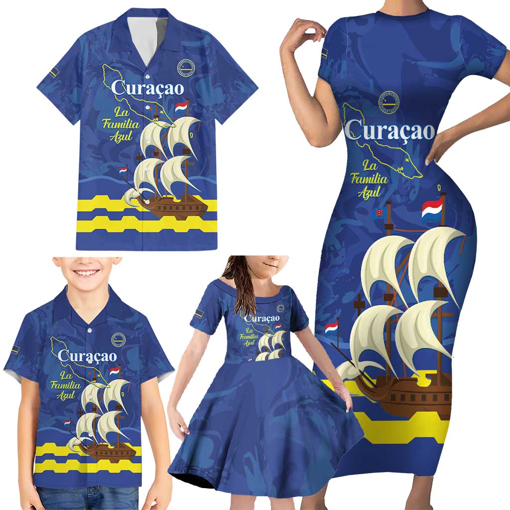 Custom Curacao Football Family Matching Short Sleeve Bodycon Dress and Hawaiian Shirt La Familia Azul