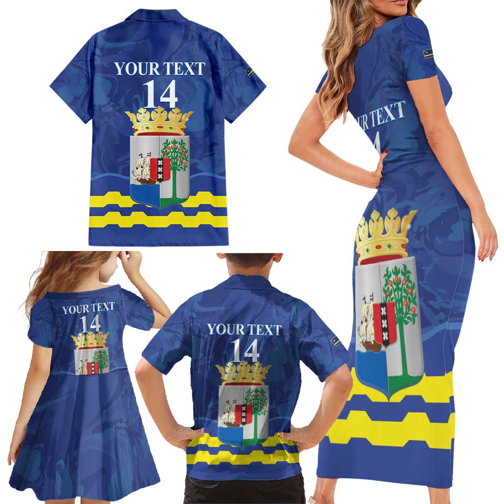 Custom Curacao Football Family Matching Short Sleeve Bodycon Dress and Hawaiian Shirt La Familia Azul