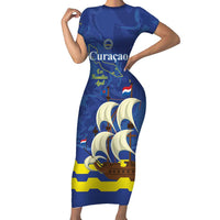 Custom Curacao Football Family Matching Short Sleeve Bodycon Dress and Hawaiian Shirt La Familia Azul