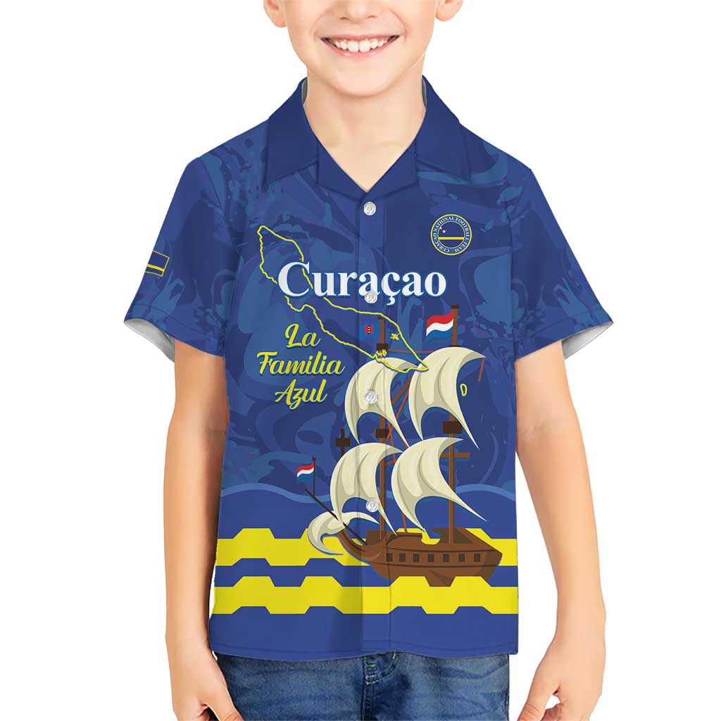 Custom Curacao Football Family Matching Short Sleeve Bodycon Dress and Hawaiian Shirt La Familia Azul
