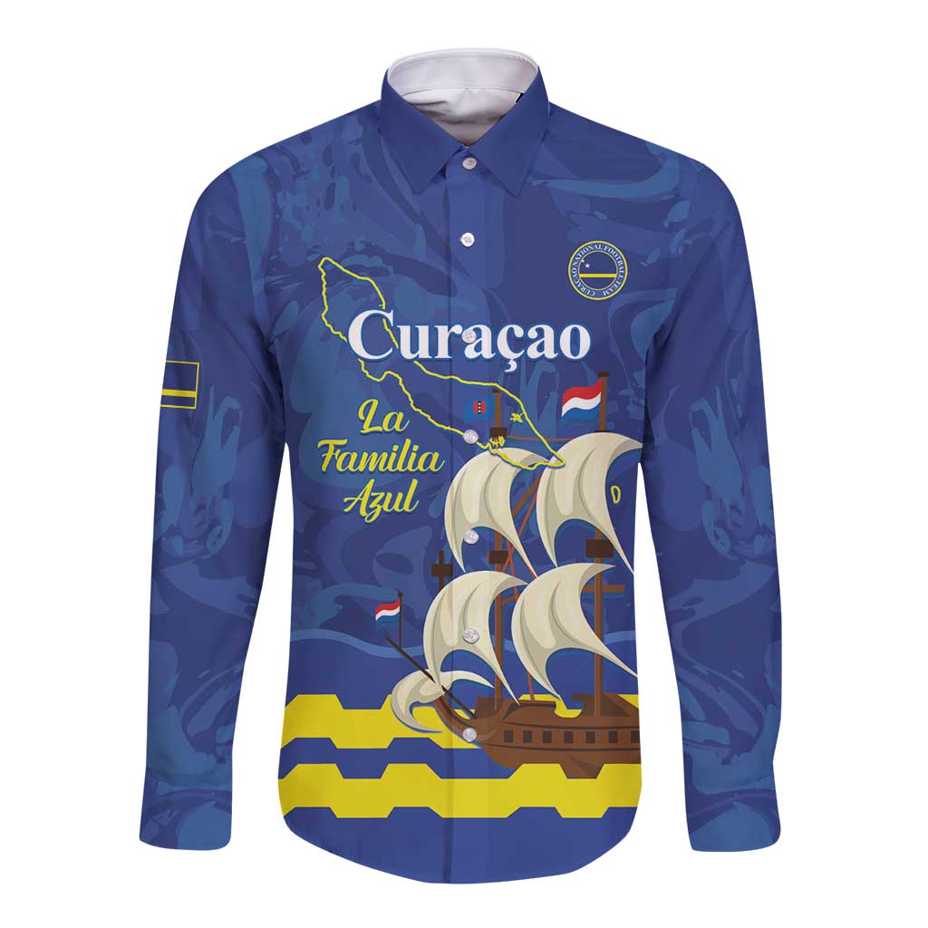 Custom Curacao Football Long Sleeve Button Shirt La Familia Azul