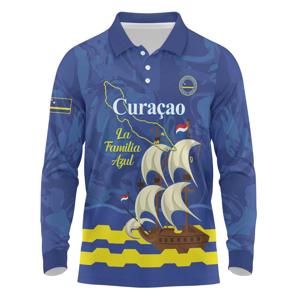 Custom Curacao Football Long Sleeve Polo Shirt La Familia Azul