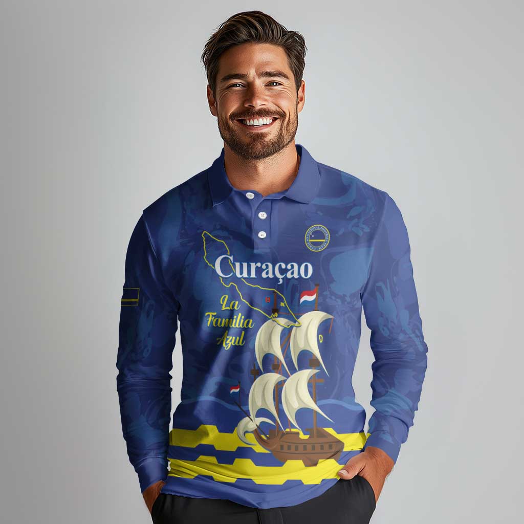 Custom Curacao Football Long Sleeve Polo Shirt La Familia Azul