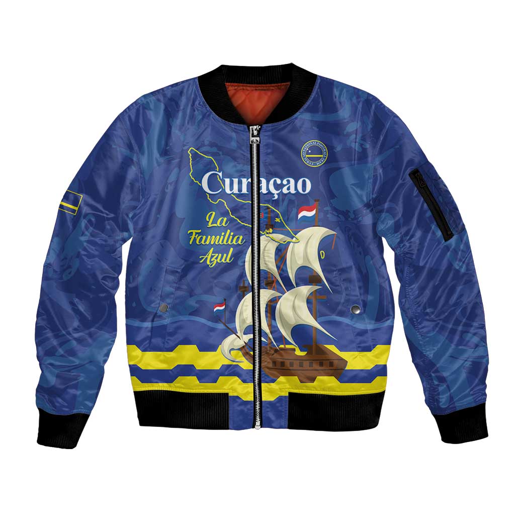 Custom Curacao Football Sleeve Zip Bomber Jacket La Familia Azul