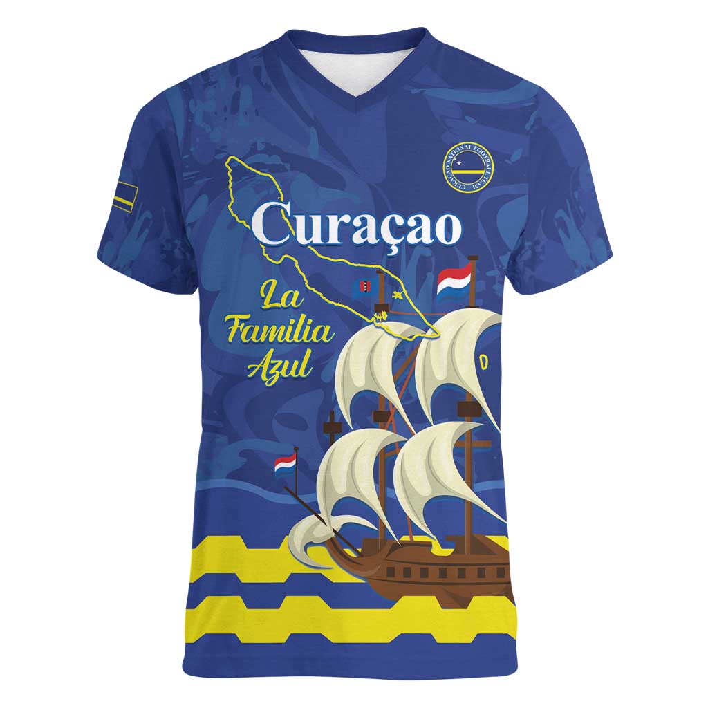 Custom Curacao Football Women V-Neck T-Shirt La Familia Azul