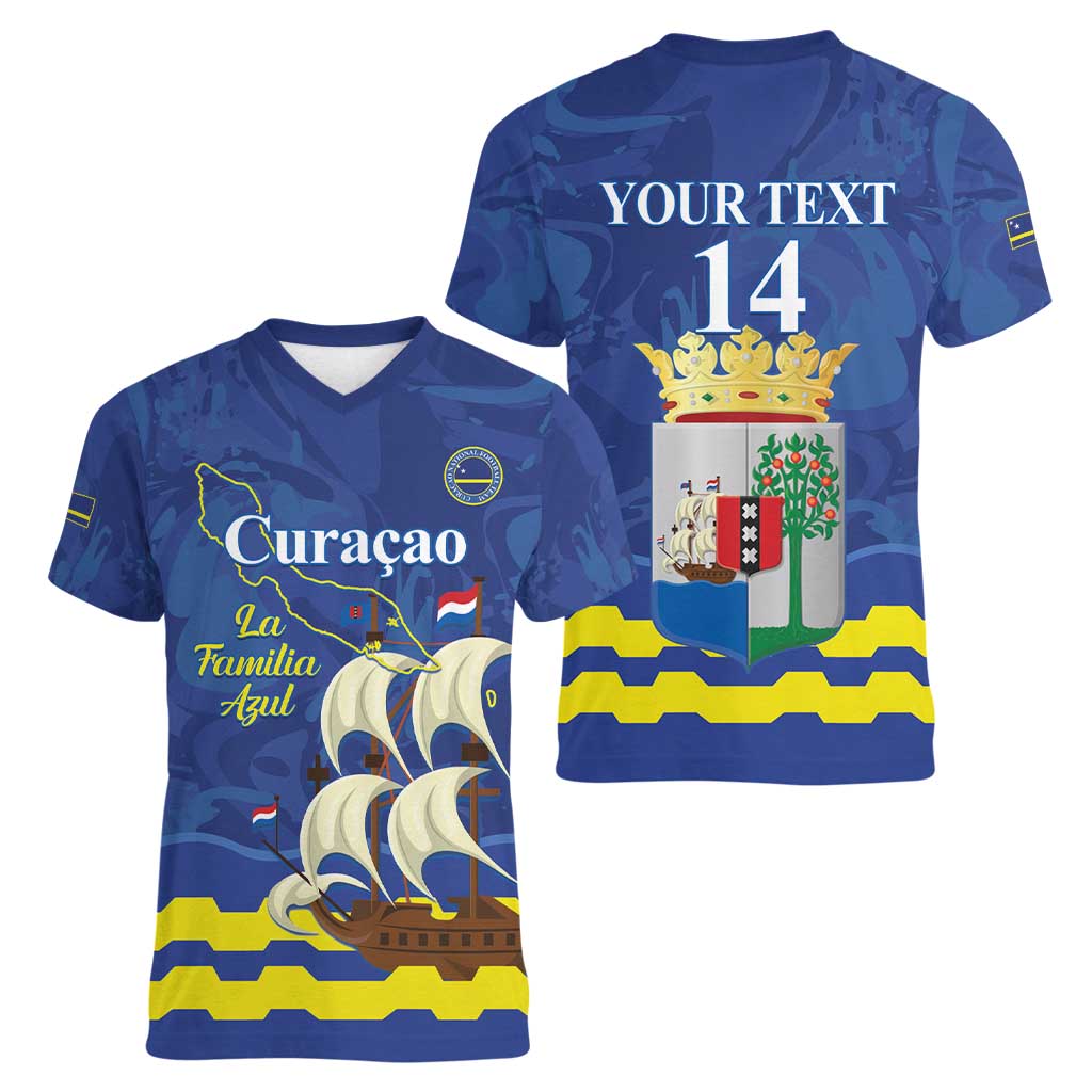 Custom Curacao Football Women V-Neck T-Shirt La Familia Azul