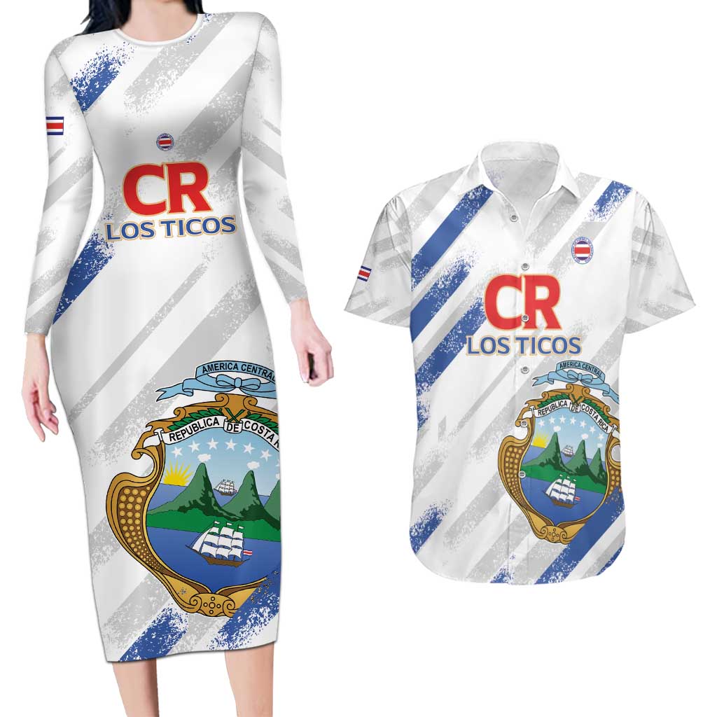 Custom Costa Rica Football Couples Matching Long Sleeve Bodycon Dress and Hawaiian Shirt Go Champions Los Ticos
