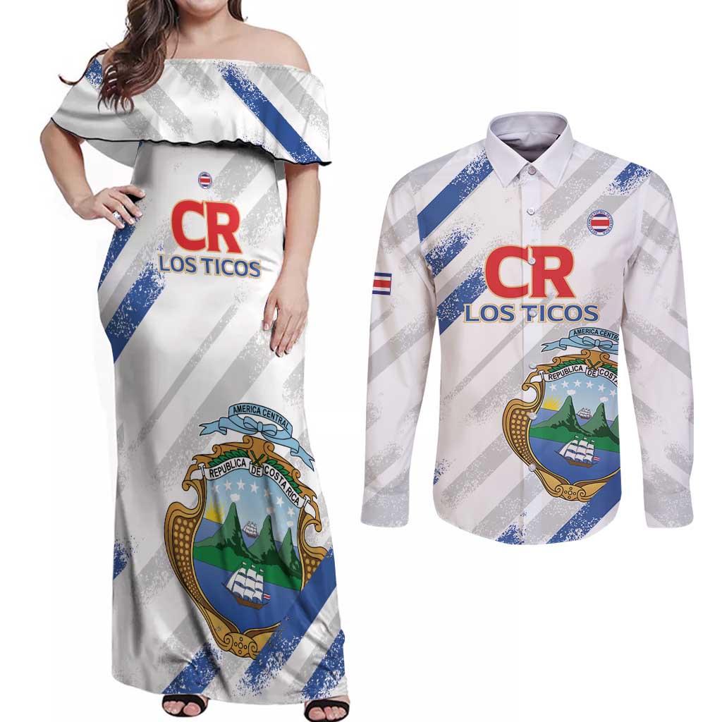 Custom Costa Rica Football Couples Matching Off Shoulder Maxi Dress and Long Sleeve Button Shirt Go Champions Los Ticos