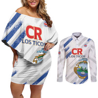 Custom Costa Rica Football Couples Matching Off Shoulder Short Dress and Long Sleeve Button Shirt Go Champions Los Ticos