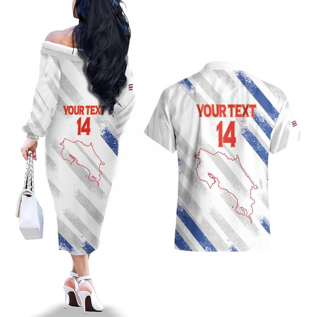 Custom Costa Rica Football Couples Matching Off The Shoulder Long Sleeve Dress and Hawaiian Shirt Go Champions Los Ticos