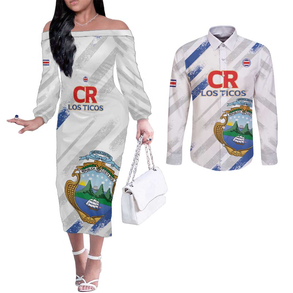 Custom Costa Rica Football Couples Matching Off The Shoulder Long Sleeve Dress and Long Sleeve Button Shirt Go Champions Los Ticos